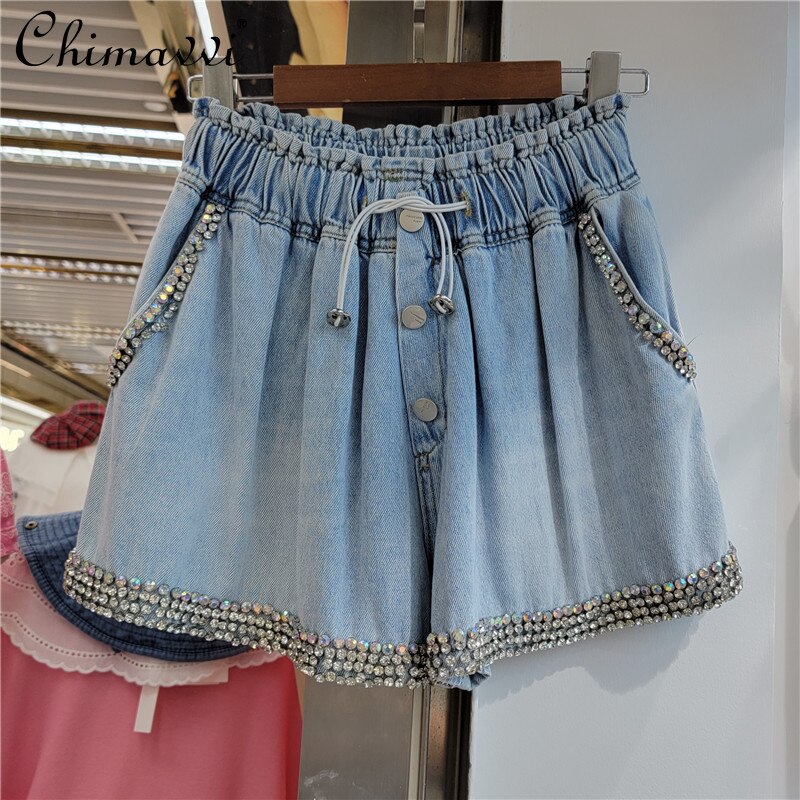 European 2022 Summer New Fashion Streetwear Beaded Drawstring Denim Shorts Women&s Simple High Waist Slimming Wide-Leg Hot Pants